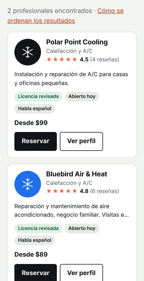Ejemplo de resultados de búsqueda de reparación de A/C