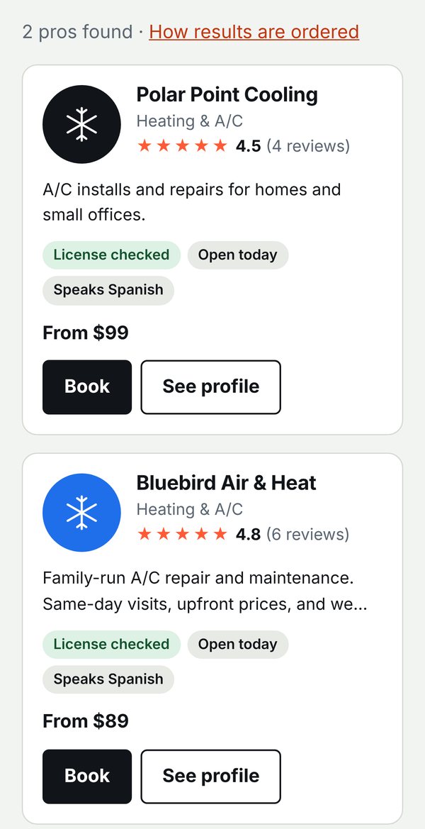 Example search results for A/C repair